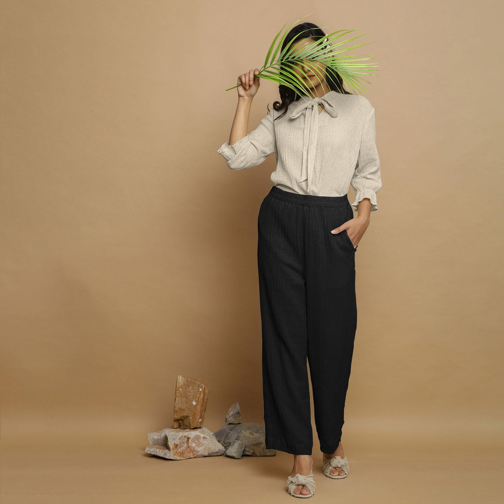 Black Crinkled Cotton Flax Elasticated Mid-Rise Pant