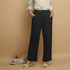 Black Crinkled Cotton Flax Elasticated Mid-Rise Pant