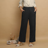 Black Crinkled Cotton Elasticated Mid-Rise Pant