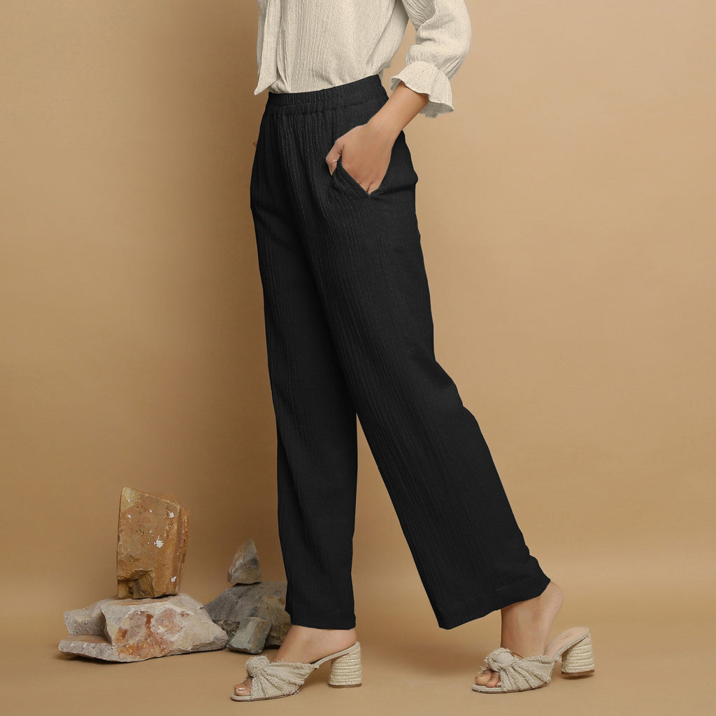Black Crinkled Cotton Flax Elasticated Mid-Rise Pant