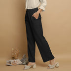 Black Crinkled Cotton Flax Elasticated Mid-Rise Pant