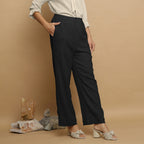 Black Crinkled Cotton Flax Elasticated Mid-Rise Pant
