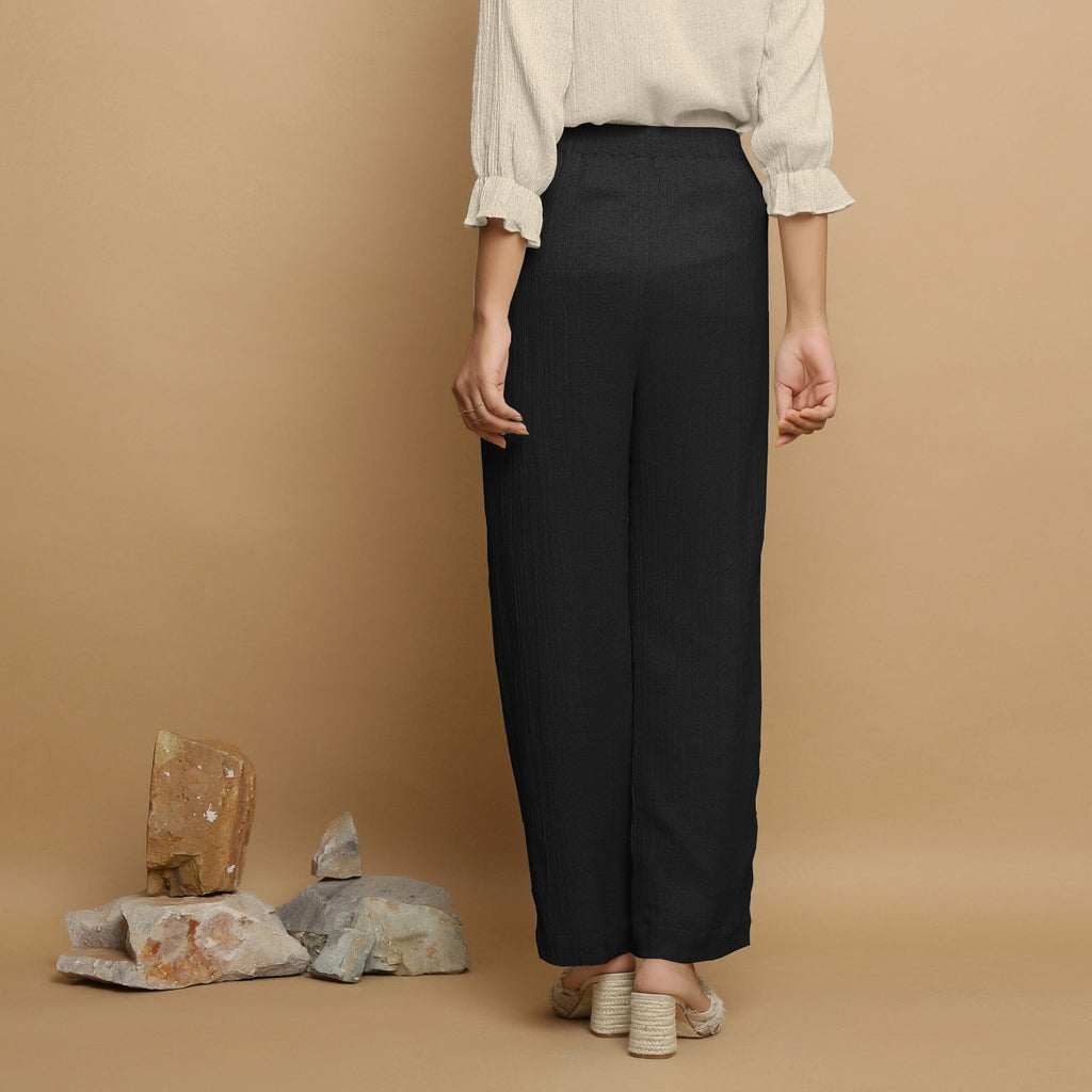 Black Crinkled Cotton Flax Elasticated Mid-Rise Pant