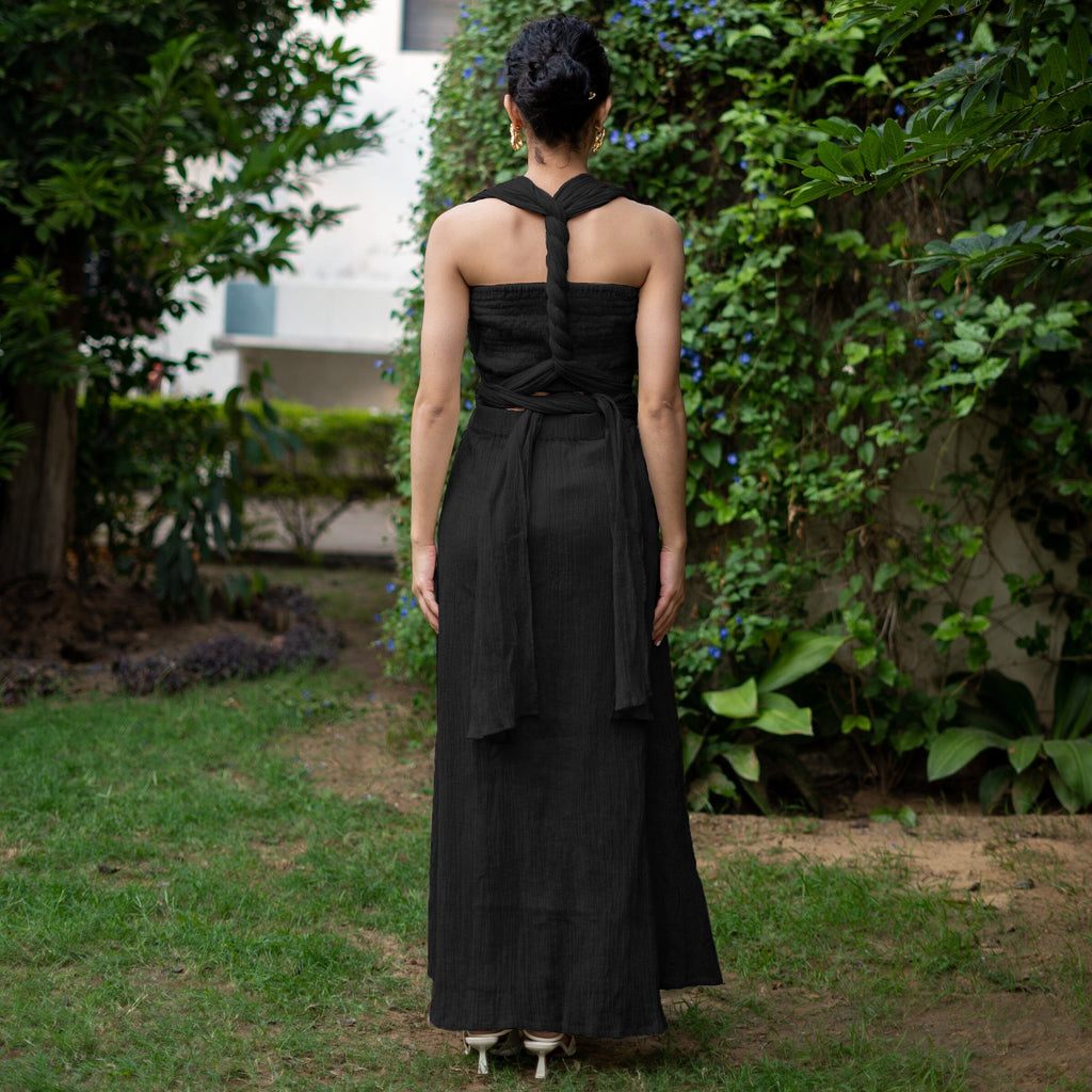 Black Crinkled Cotton Flax Boho Infinity Drape Gown with Matching Tube