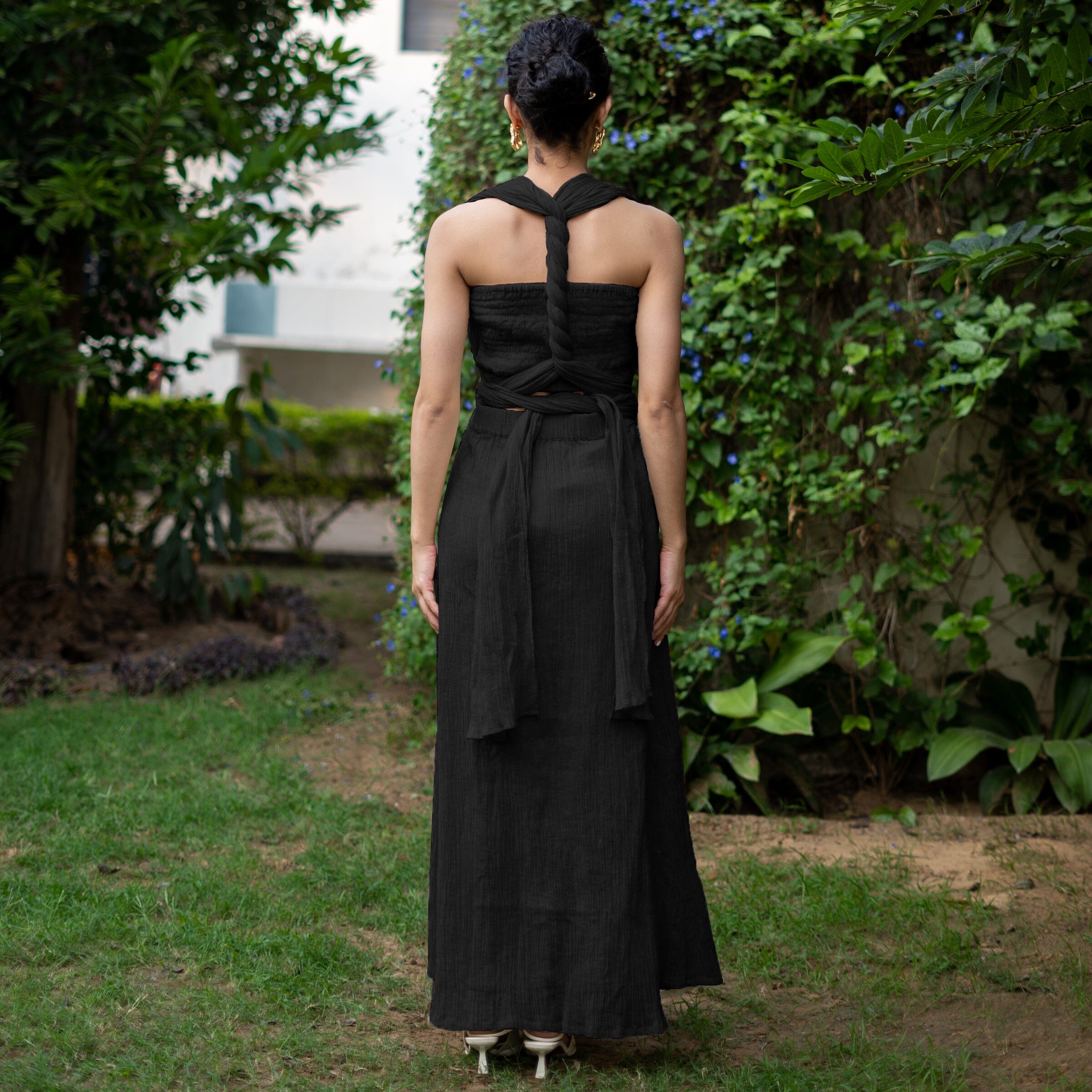 Black Crinkled Cotton Flax Boho Infinity Drape Gown with Matching Tube