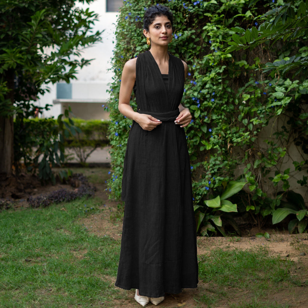 Black Crinkled Cotton Flax Boho Infinity Drape Gown with Matching Tube