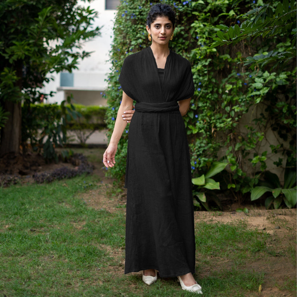 Black Crinkled Cotton Flax Boho Infinity Drape Gown with Matching Tube