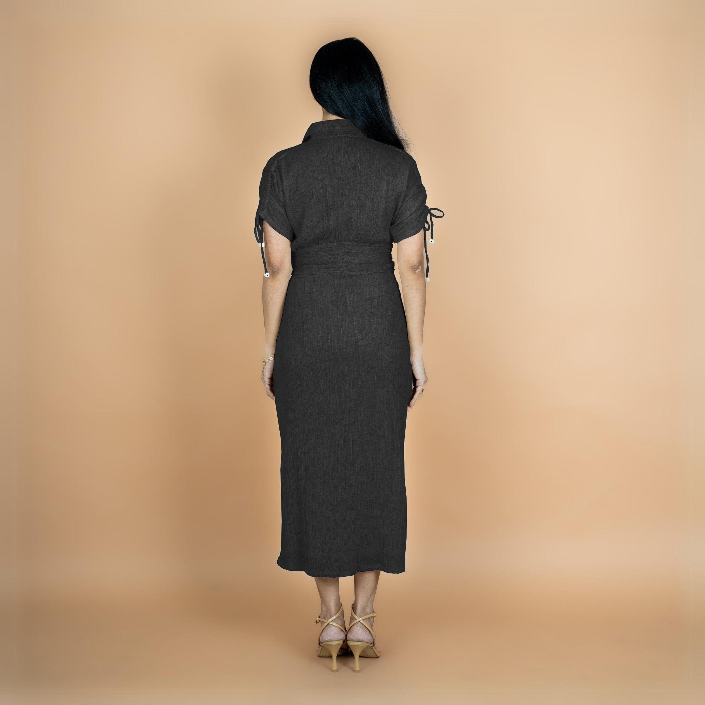 Black Crinkled Cotton Flax Boho Maxi Button-Down Shirt Dress