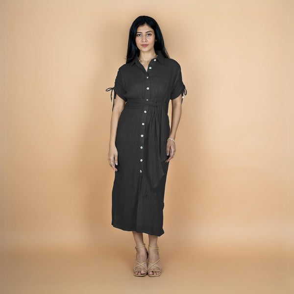 Black Crinkled Cotton Flax Boho Maxi Button-Down Shirt Dress