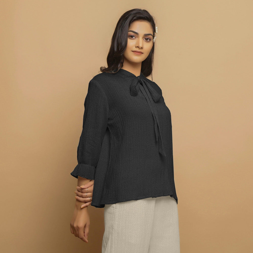 Black Crinkled Cotton Flax Boho Tie-Neck Top