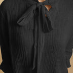 Black Crinkled Cotton Flax Boho Tie-Neck Top
