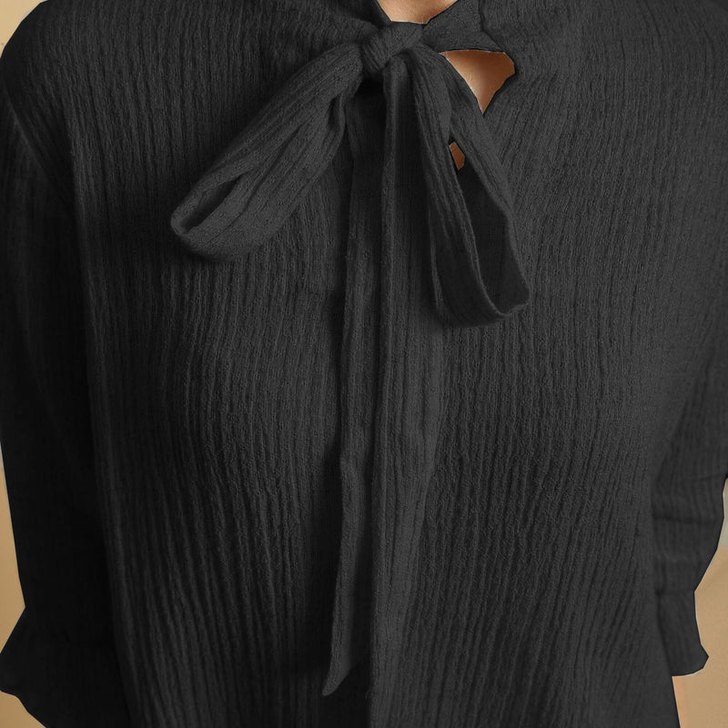 Black Crinkled Cotton Flax Boho Tie-Neck Top