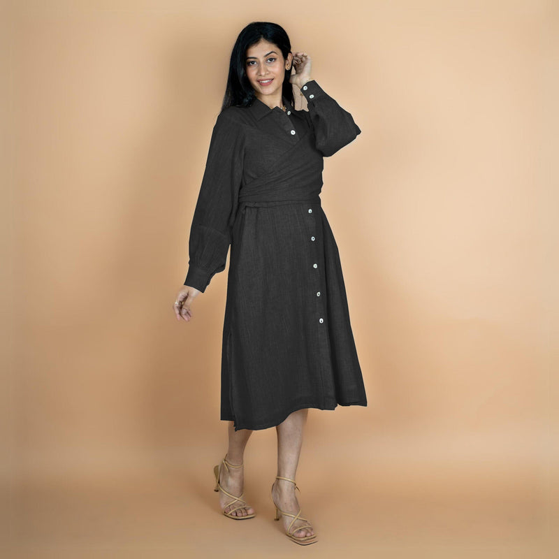 Black Crinkled Cotton Flax Button-Down Midi Wrap Dress