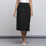 Black Crinkled Cotton Flax Elasticated Flared Midi Skirt