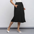 Black Crinkled Cotton Flax Elasticated Flared Midi Skirt