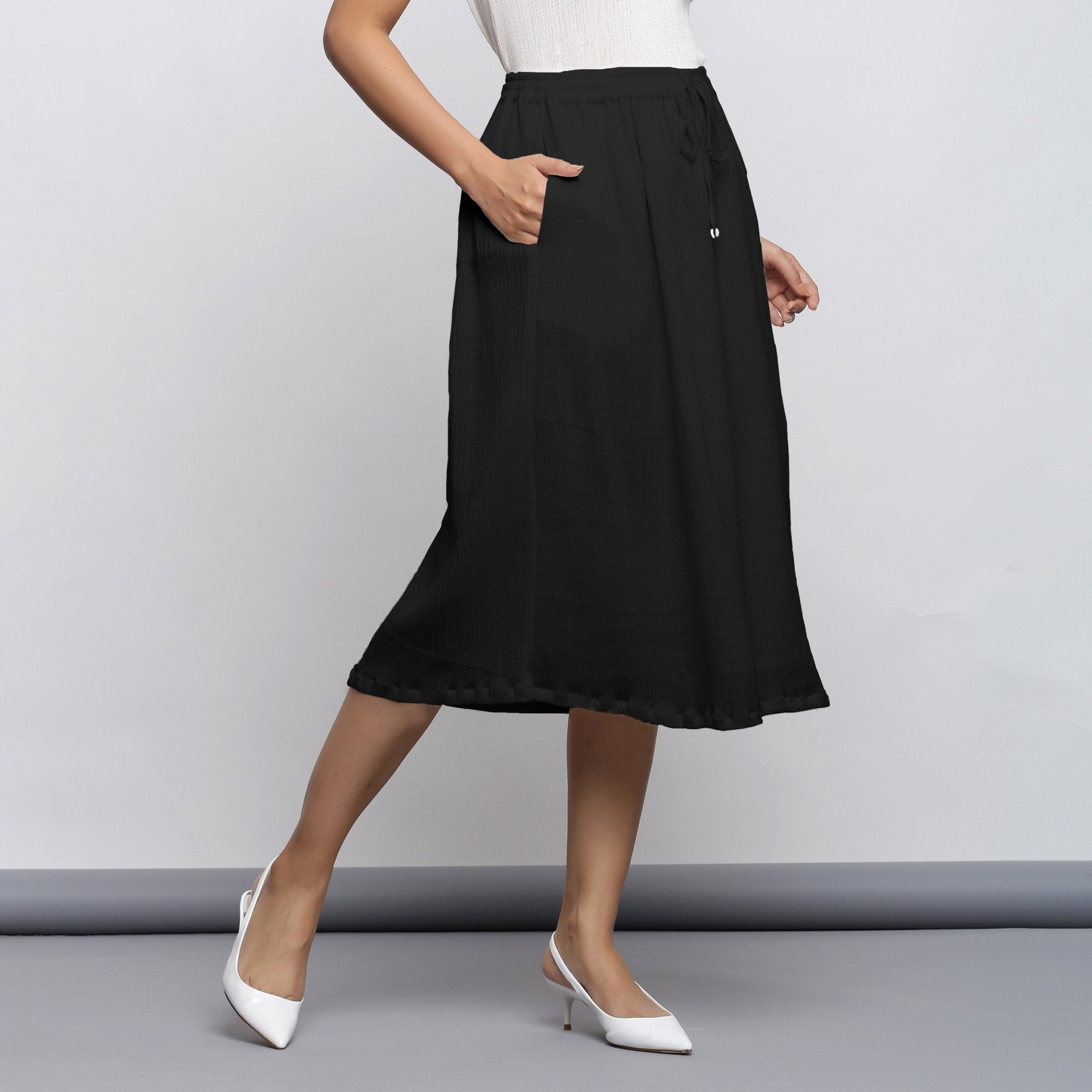 Black Crinkled Cotton Flax Elasticated Flared Midi Skirt