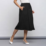 Black Crinkled Cotton Flax Elasticated Flared Midi Skirt