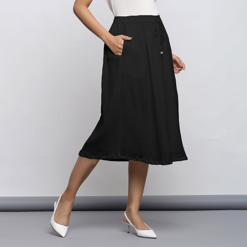 Black Crinkled Cotton Flax Elasticated Flared Midi Skirt