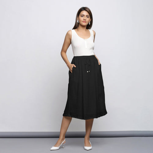 Black Crinkled Cotton Flax Elasticated Flared Midi Skirt