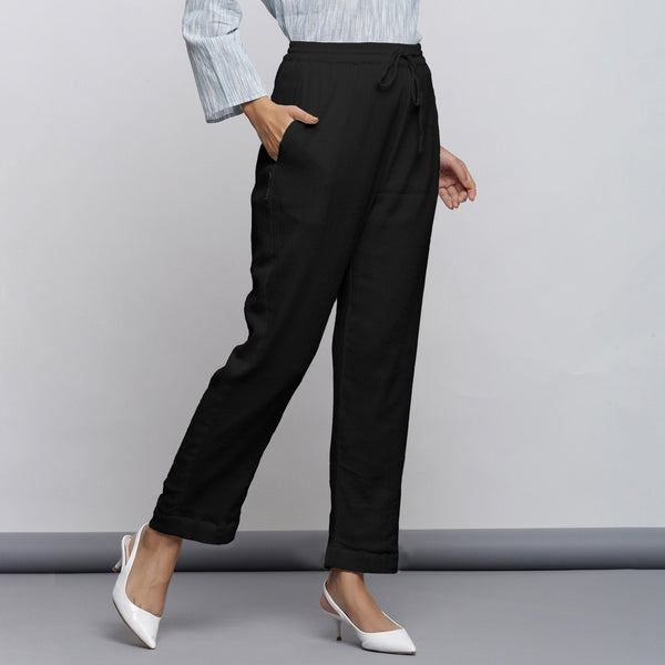 Black Crinkled Cotton Flax Elasticated Mid-Rise Tapered Pant