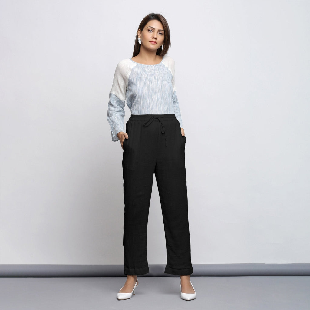 Black Crinkled Cotton Flax Elasticated Mid-Rise Tapered Pant