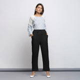 Black Crinkled Cotton Flax Elasticated Mid-Rise Tapered Pant