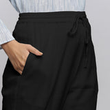 Black Crinkled Cotton Flax Elasticated Mid-Rise Tapered Pant