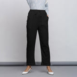 Black Crinkled Cotton Flax Elasticated Mid-Rise Tapered Pant