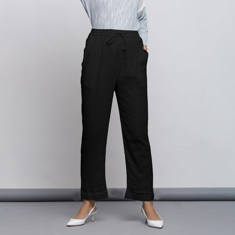 Black Crinkled Cotton Flax Elasticated Mid-Rise Tapered Pant