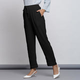Black Crinkled Cotton Flax Elasticated Mid-Rise Tapered Pant