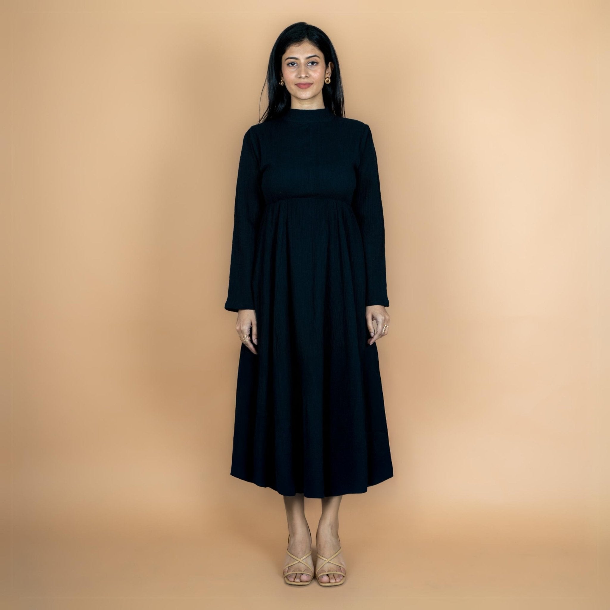Black Crinkled Cotton Flax Fit and Flare Maxi Empire Dress