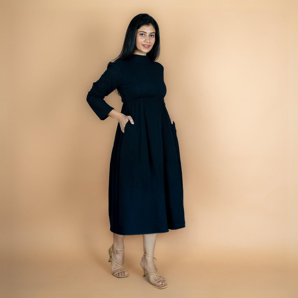 Black Crinkled Cotton Flax Fit and Flare Maxi Empire Dress