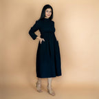 Black Crinkled Cotton Flax Fit and Flare Maxi Empire Dress