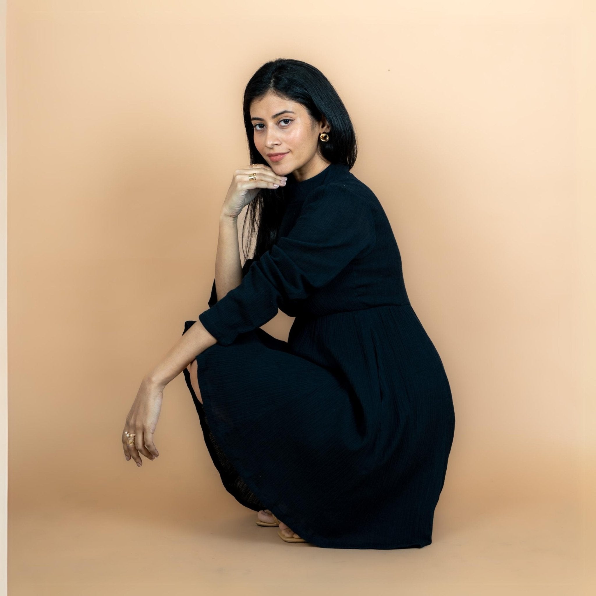 Black Crinkled Cotton Flax Fit and Flare Maxi Empire Dress