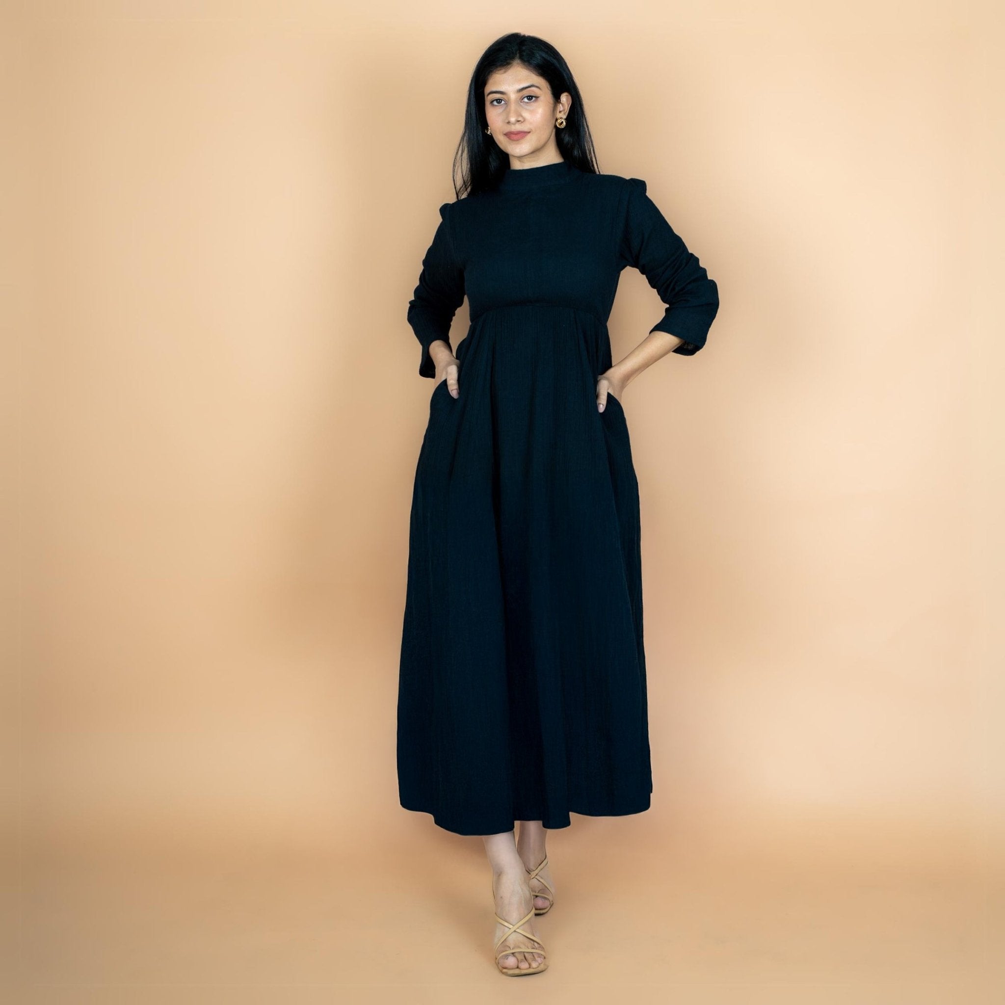 Black Crinkled Cotton Flax Fit and Flare Maxi Empire Dress