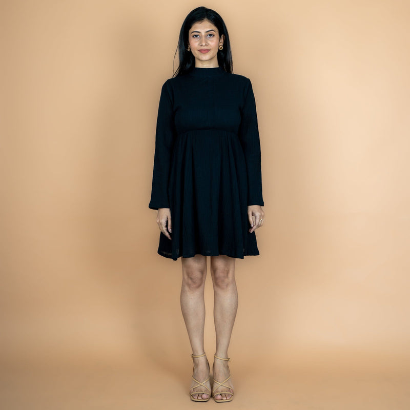 Black Crinkled Cotton Flax Fit and Flare Short Empire Dress