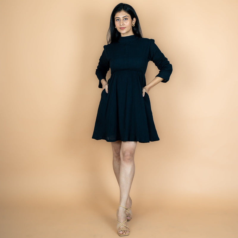 Black Crinkled Cotton Flax Fit and Flare Short Empire Dress
