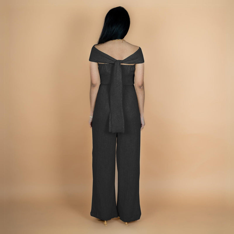 Black Crinkled Cotton Flax Flared Off-Shoulder Sleeveless Jumpsuit