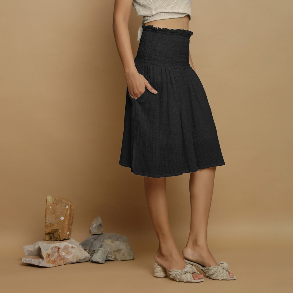 Black Crinkled Cotton Flax Frilled Knee Length Skirt