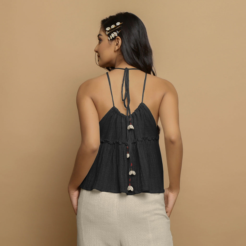 Black Crinkled Cotton Flax Halter Neck Flared Top
