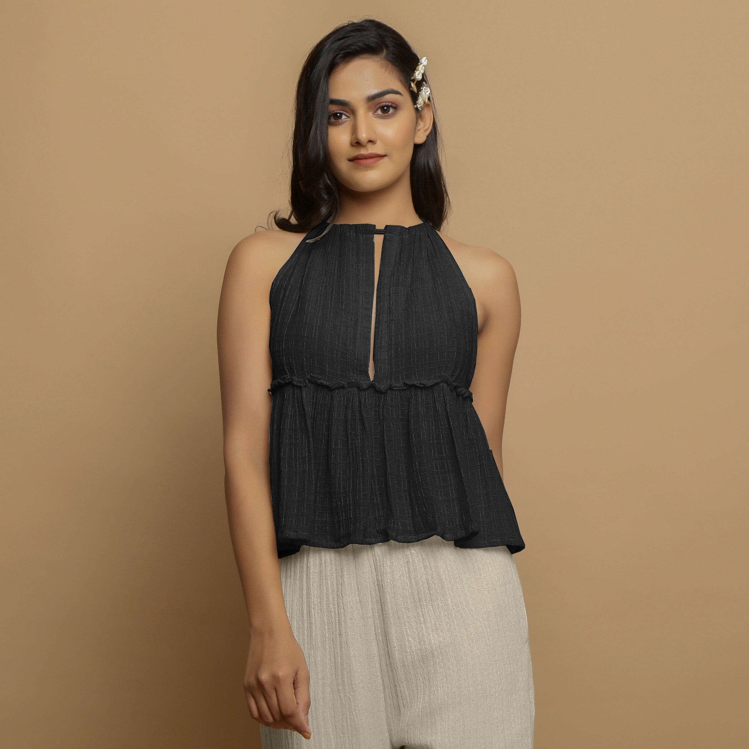 Black Crinkled Cotton Flax Halter Neck Flared Top