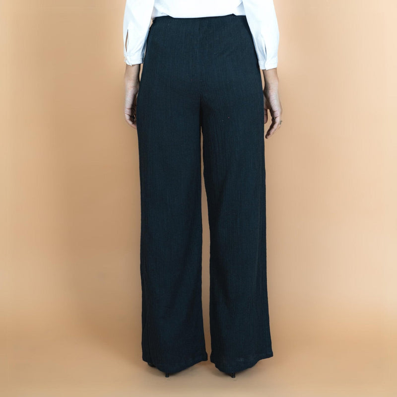 Black Crinkled Cotton Flax High-Rise Flared Pant