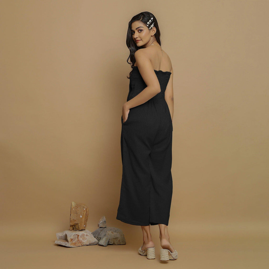 Black Crinkled Cotton Flax High-Rise Jumpsuit