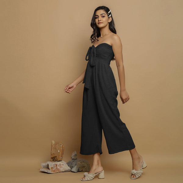 Black Crinkled Cotton Flax High-Rise Jumpsuit