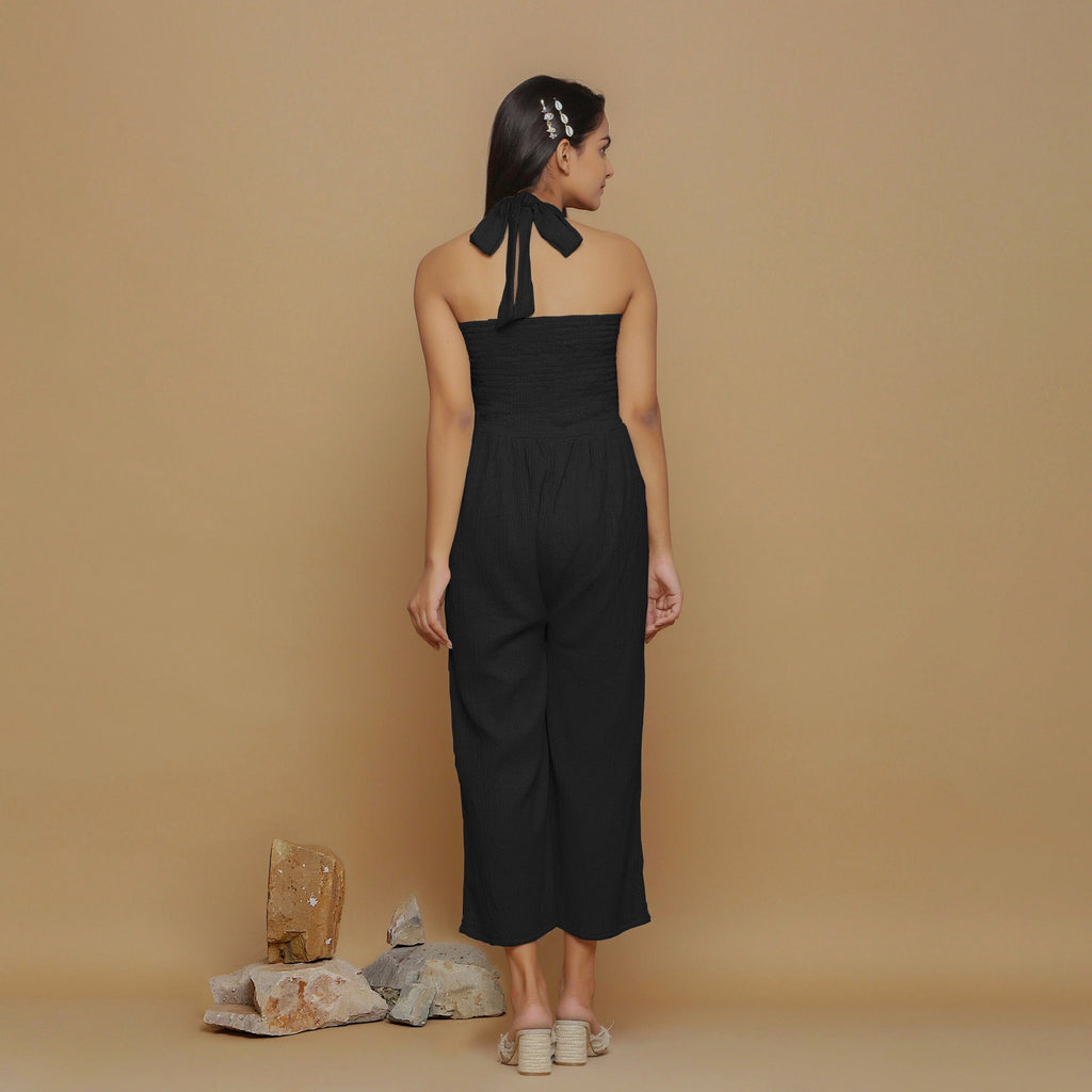 Black Crinkled Cotton Flax High-Rise Jumpsuit