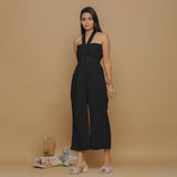 Black Crinkled Cotton Flax High-Rise Jumpsuit