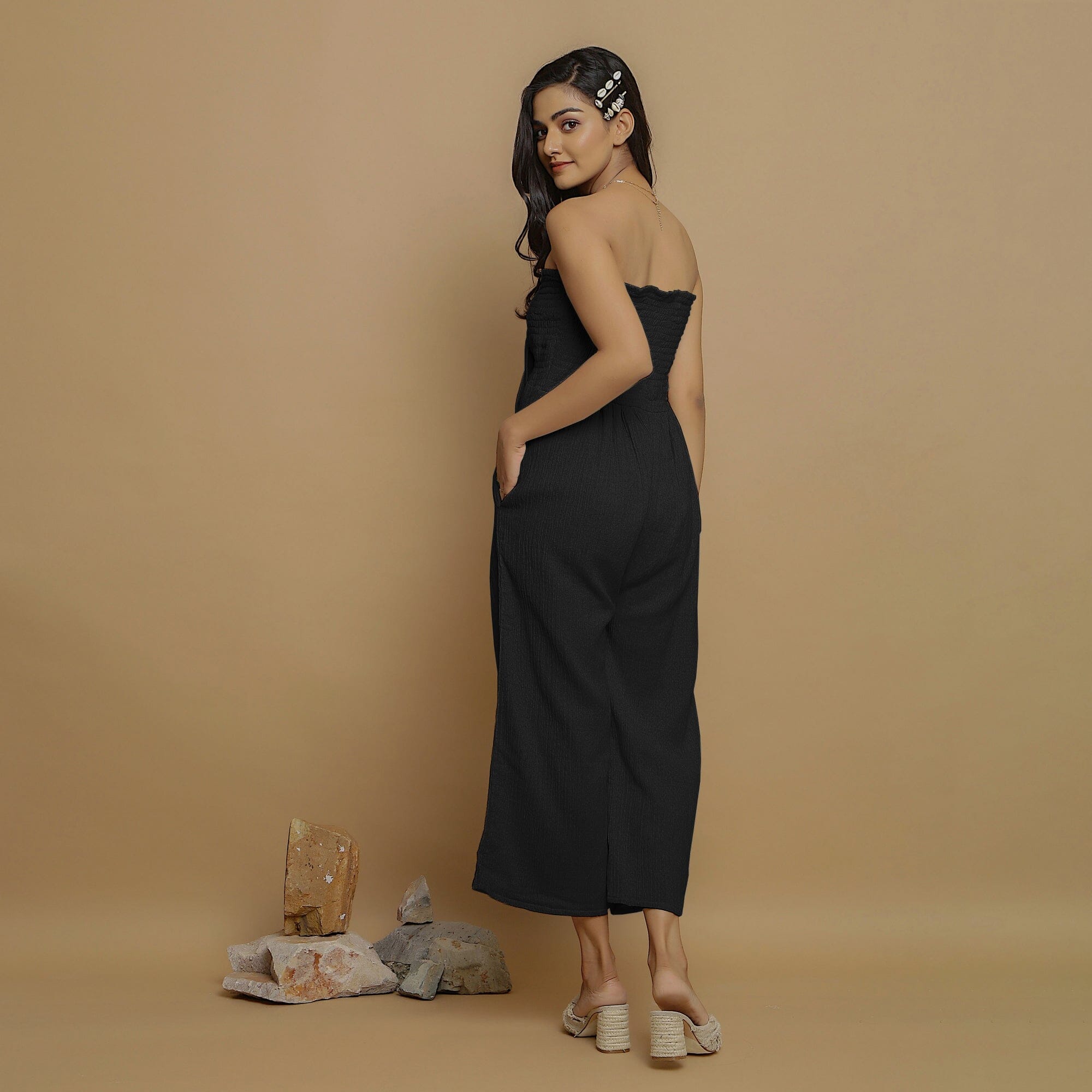 Black Crinkled Cotton Flax High-Rise Jumpsuit