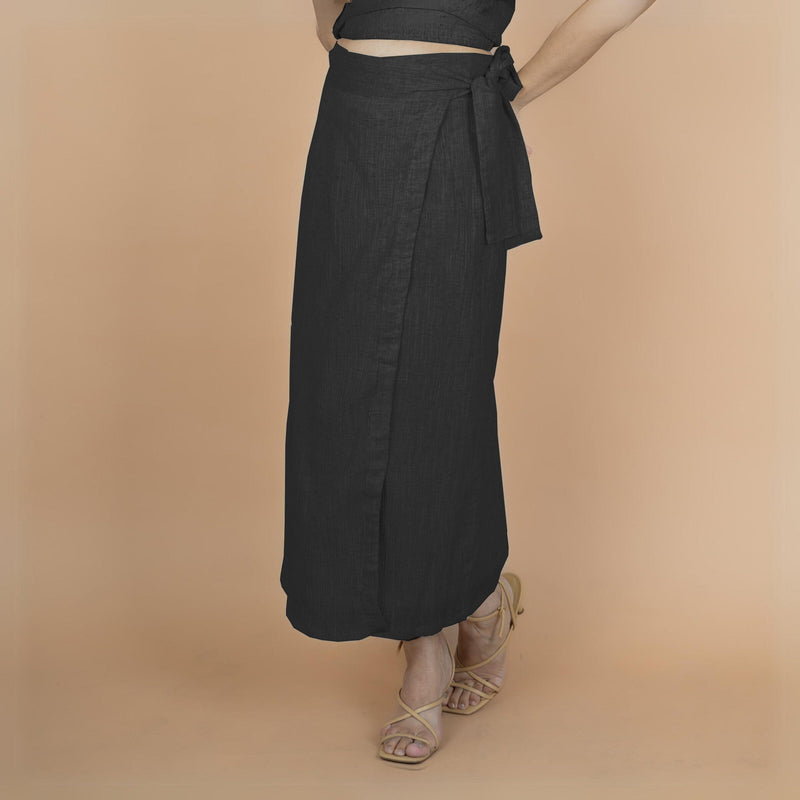 Black Crinkled Cotton Flax High-Rise Maxi Wrap Skirt