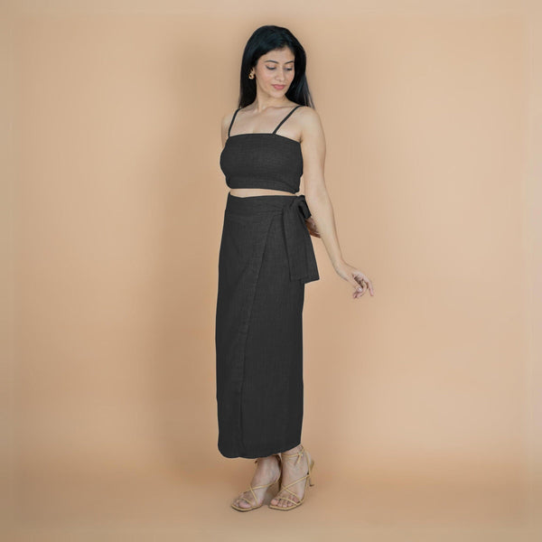 Black Crinkled Cotton Flax High-Rise Maxi Wrap Skirt