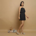 Black Crinkled Cotton Flax Tube Playsuit